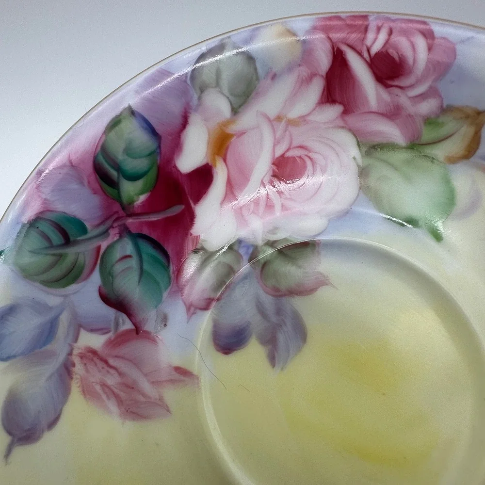 Lefton China Hand Painted Rose Teacup and Saucer Set CY222 Pink Yellow Gold Trim